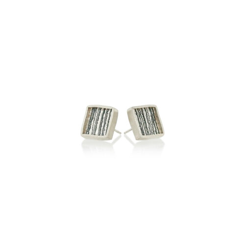 Small framed square studs in sterling silver with hand fabricated oxidized silver mesh with straight oxidized silver lines. Earrings are 7/16" (12mm).