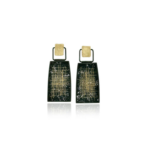 Hinged drop framed earrings in oxidized sterling silver with applied 18k yellow gold detail with studs with post backs, and hand fabricated mesh in oxidized silver and 24k yellow gold patchwork pattern. Earrings are 1 11/16" long x 11/16" wide.