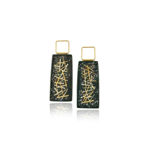 Hinged open frame drop earrings in oxidized sterling silver with hand fabricated mesh and 24k yellow gold lines, on posts. Open frames are 18k yellow gold. Earrings are 1 11/16" long x 5/8" wide (43 x 15mm).