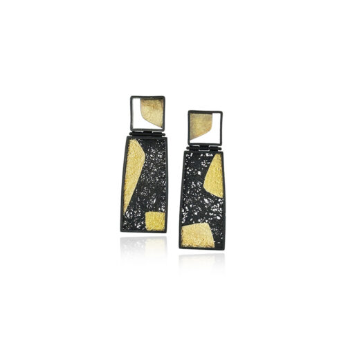 Hinged drop framed earrings in oxidized sterling silver with square top and 18k yellow gold detail, and hand fabricated mesh with 18k yellow gold, on posts. Earrings are 1 3/4" long x 9/16" wide (44 x 15mm).
