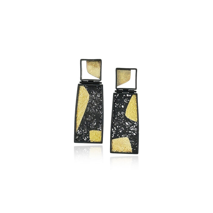 Hinged drop framed earrings in oxidized sterling silver with square top and 18k yellow gold detail, and hand fabricated mesh with 18k yellow gold, on posts. Earrings are 1 3/4" long x 9/16" wide (44 x 15mm).