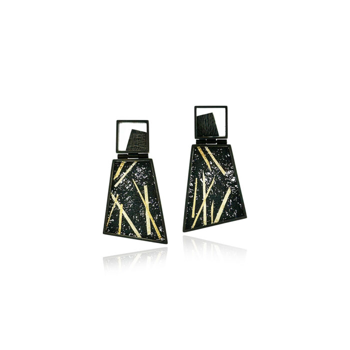 Trapazoidal hinged drop framed earrings with square oxidized silver studs and hinged trapezoids with hand fabricated mesh and 18k yellow gold lines, on posts. Earrings are 1 1/2" long x 13/16" wide (38 x 21mm).