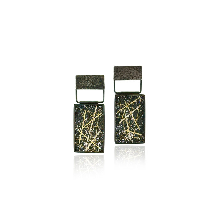 Hinged drop framed rectangular earrings with square tops in oxidized silver and hand fabricated mesh with 24K and 18K yellow gold lines, on posts. Earrings are 1 11/16" long x 11/16" wide (43 x 17mm).