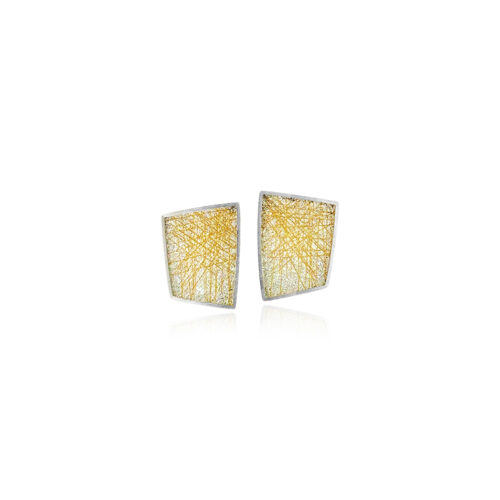 Large modified square earrings in sterling silver with gold wire detail on hand fabricated mesh, on posts. Earrings are 7/8" long x 5/8" wide (22 x 16 mm).