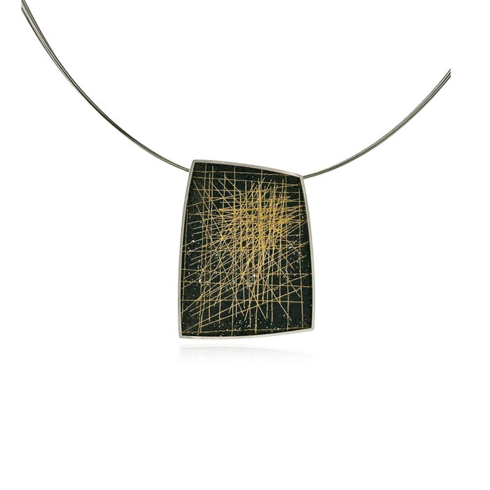Medium modified square pendant in sterling silver with hand fabricated oxidized silver mesh and gold wire patchwork detail, on a 12 strand gold plated and stainless 18" neckwire. Pendant is 1 5/8" long x 1 1/4" wide (42 x 32mm).