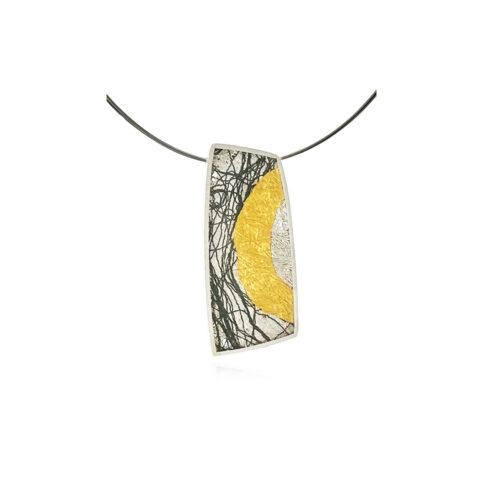 Small modified rectangular pendant in sterling silver with hand fabricated oxidized silver mesh and a 24k yellow gold curve, on a 18" multi-strand stainless neckwire. Pendant is 1 1/4" long x 9/16" wide (33 x 15mm).