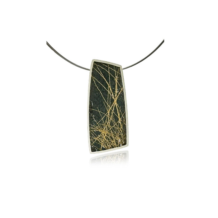 Small modified rectangular pendant in sterling silver with hand fabricated oxidized silver mesh and 24k yellow gold wire detail, on a 18" multi-strand stainless neckwire. Pendant is 1 5/16" long x 9/16" wide (33 x 15mm).
