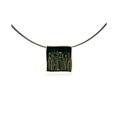 Small modified square "cattails" pendant in sterling silver with hand fabricated oxidized silver mesh and fine gold cattails, on a 18" multi-strand stainless neckwire. Pendant is 7/8" (23mm).