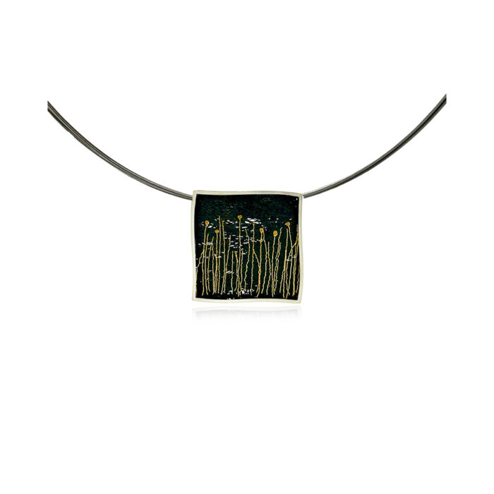 Small modified square "cattails" pendant in sterling silver with hand fabricated oxidized silver mesh and fine gold cattails, on a 18" multi-strand stainless neckwire. Pendant is 7/8" (23mm).