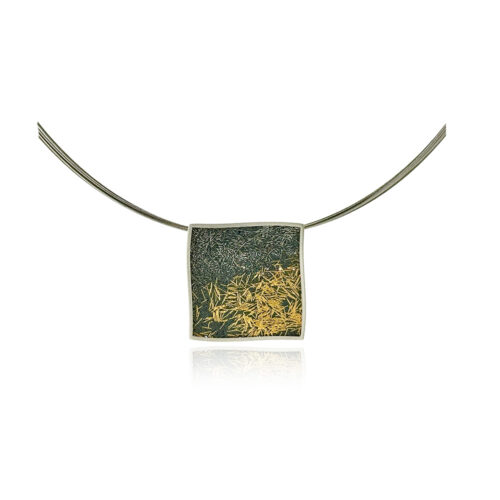 Small modified square pendant in sterling silver with hand fabricated oxidized silver mesh and fine gold strands, on a 18" multi-strand stainless neckwire. Pendant is 7/8" (23mm).