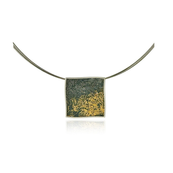 Small modified square pendant in sterling silver with hand fabricated oxidized silver mesh and fine gold strands, on a 18" multi-strand stainless neckwire. Pendant is 7/8" (23mm).