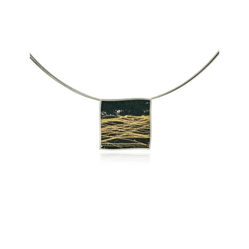 Small modified square pendant in sterling silver with hand fabricated oxidized silver mesh and fine gold waves, on a 18" multi-strand stainless neckwire. Pendant is 7/8" ( 23mm).
