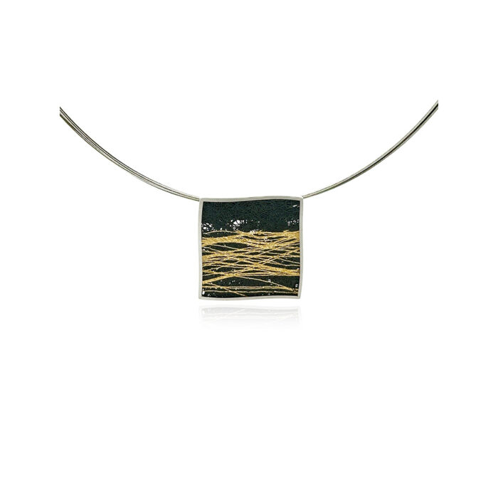 Small modified square pendant in sterling silver with hand fabricated oxidized silver mesh and fine gold waves, on a 18" multi-strand stainless neckwire. Pendant is 7/8" ( 23mm).