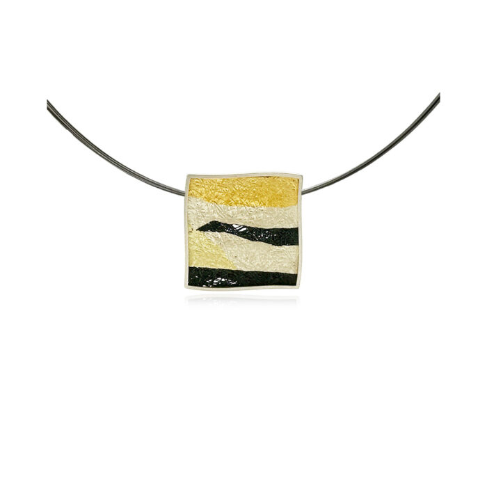 Small modified square pendant in sterling silver with hand fabricated oxidized silver mesh and gold applique, on a 18" multi-strand stainless neckwire. Pendant is 7/8" (23mm).