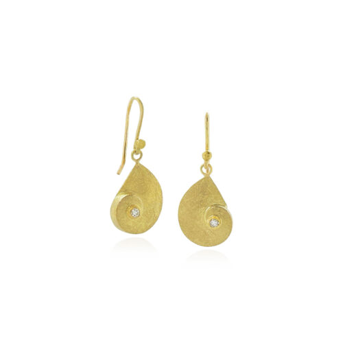 18k yellow gold "nautilus" earrings with a 2 mm center white VS1 diamond, set in 22k yellow gold on 18k yellow gold French wires. Earrings are 1 5/32" x 7/16" (29 x 11 mm).