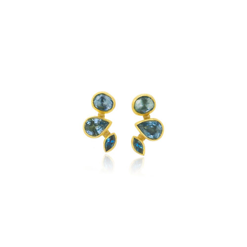 Mixed faceted blue sapphires, 3.32 cttw, in climbing formation, set in 22k and 18k yellow gold, on posts. earrings are 11/16" long x 5/16" wide (17 x 7 mm). 