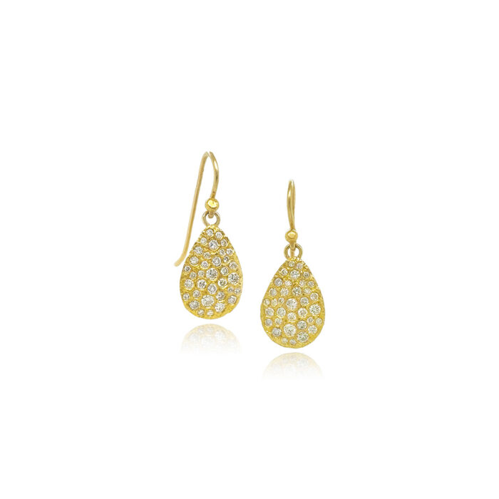 "Silk" textured drop earrings with flush-set white diamonds, vsi, in 22k and 18k yellow gold on French wires. Earrings are 1" long x 3/8" wide (25 x 10 mm).