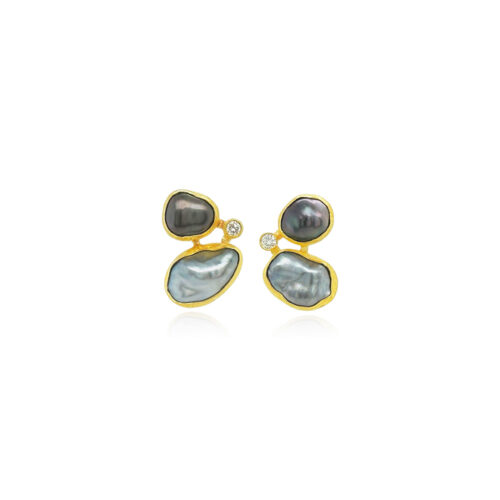 Tahitian Keshi pearls and one vs white diamond set in 22k and 18k yellow gold, on posts. Earrings are 13/16" long x 5/8" wide (21 x 15 mm).