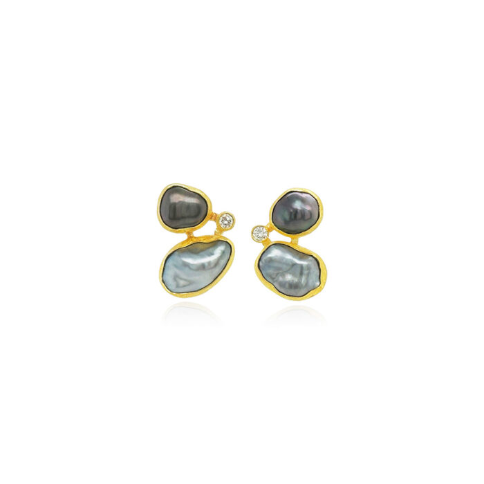 Tahitian Keshi pearls and one vs white diamond set in 22k and 18k yellow gold, on posts. Earrings are 13/16" long x 5/8" wide (21 x 15 mm).