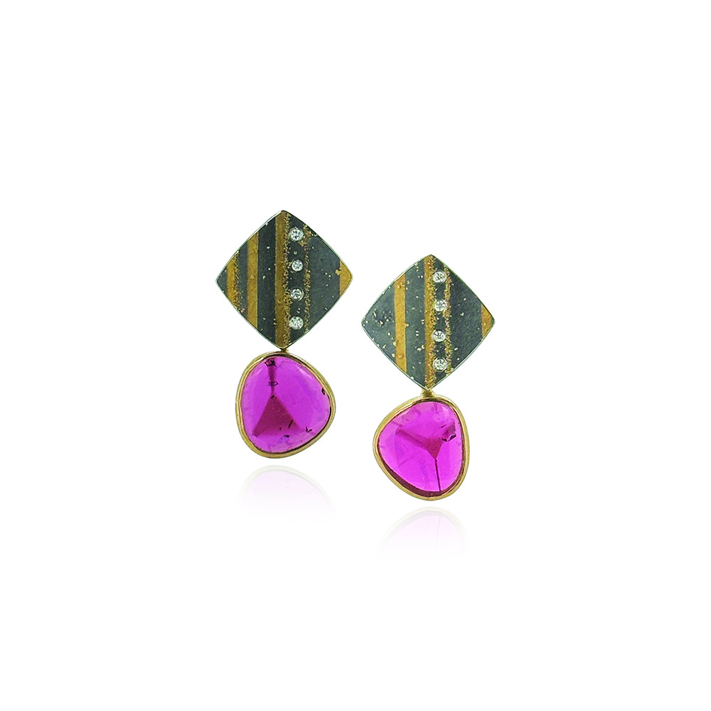 Sliced tourmaline earrings, 9.75cts, set in 18k yellow gold, hanging from sterling silver, 18k, 22k and 24k squares with white (G) diamonds, 0.08cttw, on posts. Earrings are 11/16" wide x 1 1/4" long (18mm x 32mm). 