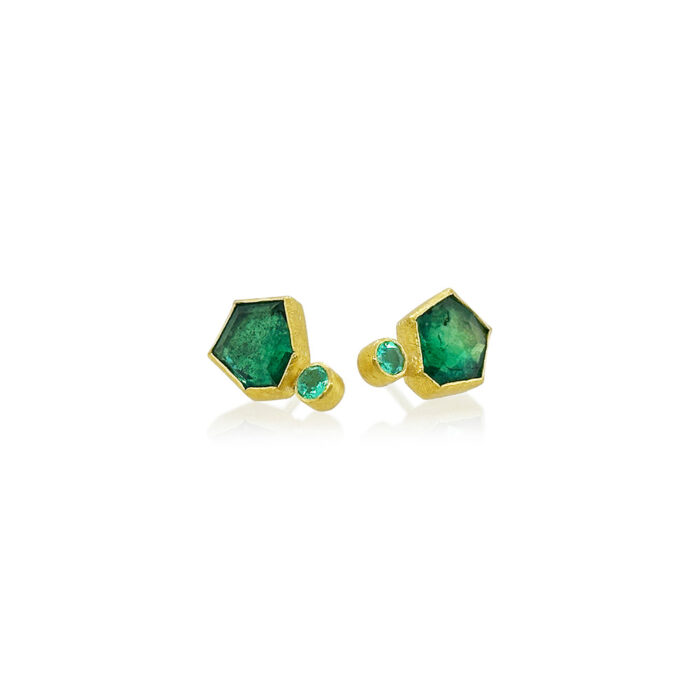 Polygon and round faceted emeralds, 5.5 cttw, in 22k and 18k yellow gold, on posts. Earrings are 11/16" long x 3/8" wide (17 x 10 mm).