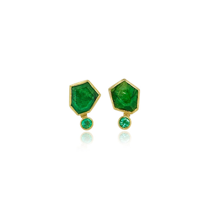 Polygon and round faceted emeralds, 5.5 cttw, in 22k and 18k yellow gold, on posts. Earrings are 11/16" long x 3/8" wide (17 x 10 mm).