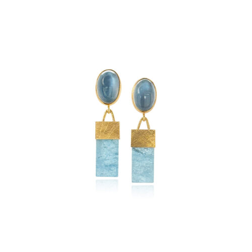 22k yellow gold and sterling silver earrings with oval moonstones, 6.65 cttw, and rectangular aquamarine drops, 18.06 cttw, on posts. Moonstones are 11 x 7 mm and aquamarines are 14 x 6.6 x 5.4 mm. Earrings are 1 1/2" long x 3/8" wide (40 x 9 mm).