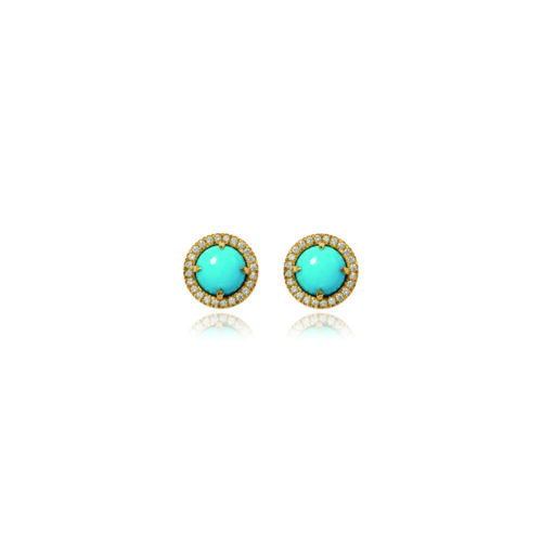 18k yellow gold Aurora round turquoise stud earrings, 8mm, with a pavé-set diamond surround, approximately .32cttw, in a polished finish.