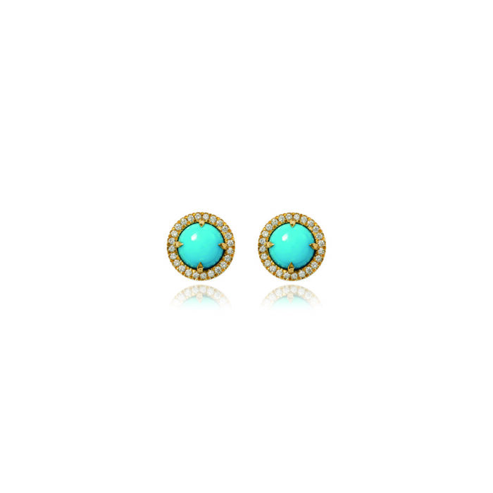 18k yellow gold Aurora round turquoise stud earrings, 8mm, with a pavé-set diamond surround, approximately .32cttw, in a polished finish.