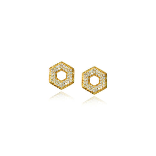 18k yellow gold hexagon-shaped stud earrings with pavé-set diamonds, approximately .42cttw, in a polished finish.