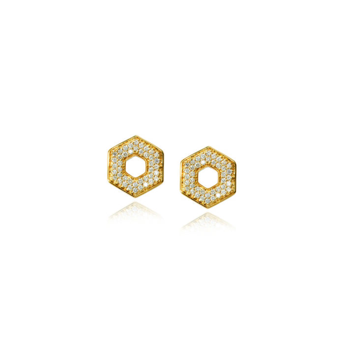 18k yellow gold hexagon-shaped stud earrings with pavé-set diamonds, approximately .42cttw, in a polished finish.