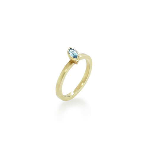 Marquise-shaped blue zircon ring, 6x3mm, set in 14k yellow gold. Ring is a size 6.