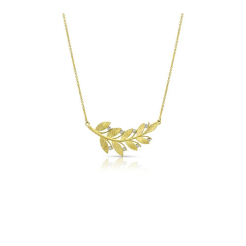 18k yellow gold "laurel" leaf pendant with white diamonds, 0.04 cttw, and a 14k yellow gold 1.1mm "cable" chain, 16" long. Pendant is 1.25" wide (32 mm).