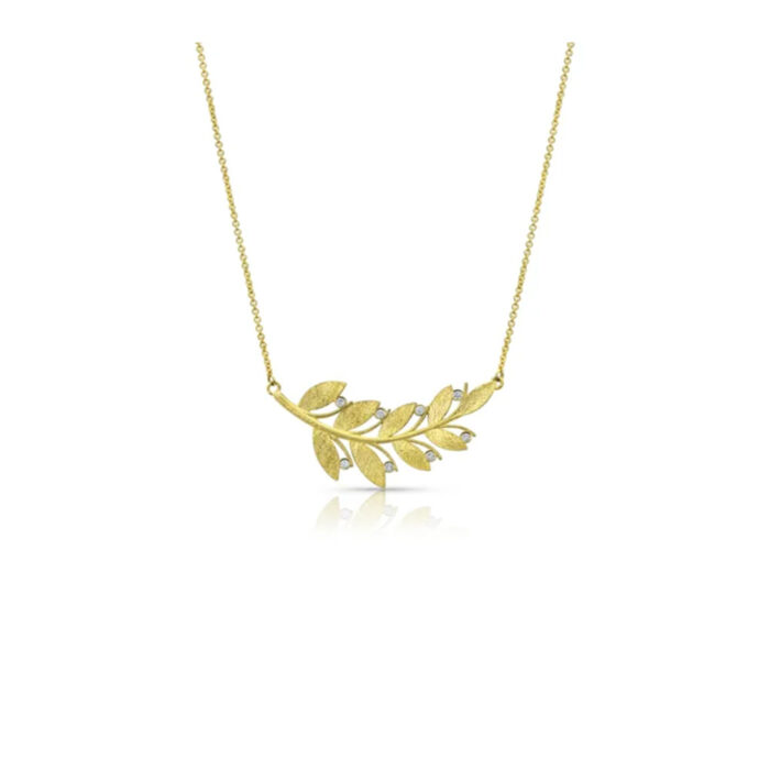 18k yellow gold "laurel" leaf pendant with white diamonds, 0.04 cttw, and a 14k yellow gold 1.1mm "cable" chain, 16" long. Pendant is 1.25" wide (32 mm).