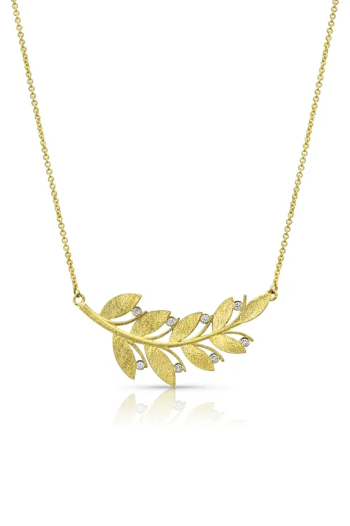 18k yellow gold "laurel" leaf pendant with white diamonds, 0.04 cttw, and a 14k yellow gold 1.1mm "cable" chain, 16" long. Pendant is 1.25" wide (32 mm). 