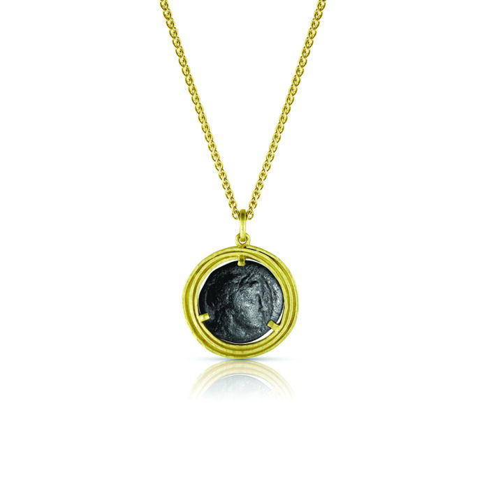18k yellow gold pendant with an ancient Roman coin on a oxidized sterling silver chain. **Gold chain can be purchased separately.**
