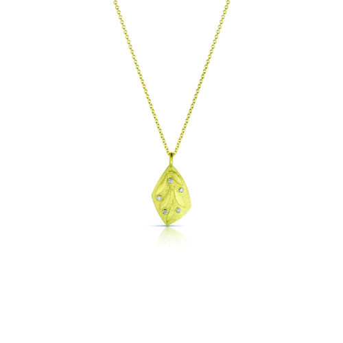 18k yellow gold kite-shaped pendant with engraved leaves and diamonds, .03cttw. Pendant is 20mm long x 11 mm wide. **Price is for pendant only**