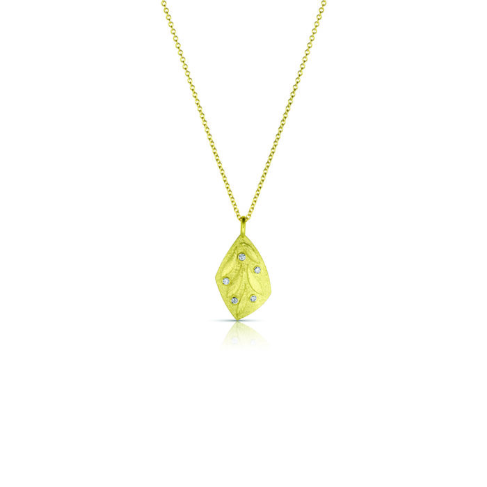 18k yellow gold kite-shaped pendant with engraved leaves and diamonds, .03cttw. Pendant is 20mm long x 11 mm wide. **Price is for pendant only**