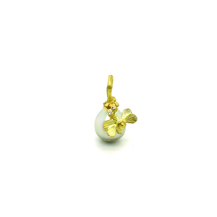 Fiji pearl pendant with hand-crafted 18k yellow gold flower bale and garden bug with diamond eyes, 0.02cttw. **Chain sold separately**