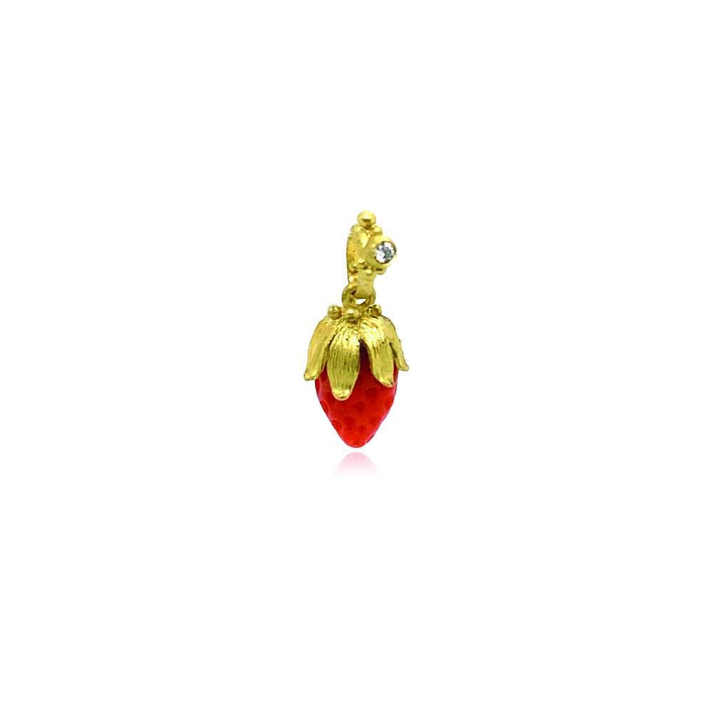 Tiny carved coral strawberry with hand-fabricated strawberry foliage top and white diamond, 0.03ct. Pendant is 1" long.  ***CHAIN SOLD SEPARATELY***