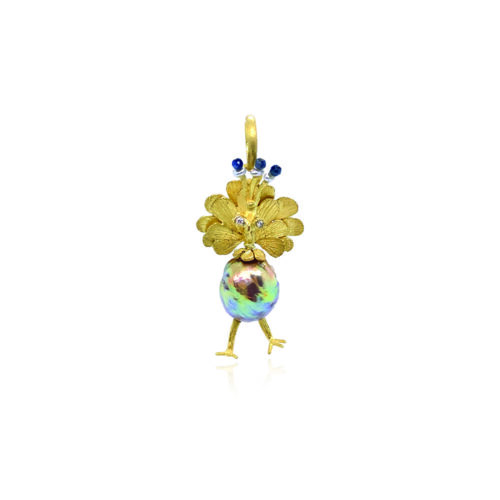 Akoya pearl pendant with hand-crafted 18k yellow gold peacock legs, head, plummage and bale with sapphire beads and diamond eyes, 0.02cttw. Pendant is 1.5" tall (40mm).  **Chain sold separately**