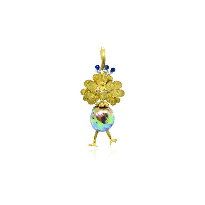 Akoya pearl pendant with hand-crafted 18k yellow gold peacock legs, head, plummage and bale with sapphire beads and diamond eyes, 0.02cttw. Pendant is 1.5" tall (40mm).  **Chain sold separately**