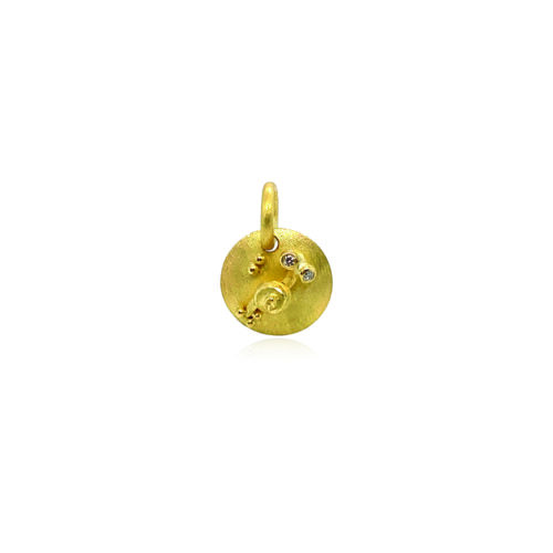Hand-crafted 18k yellow gold snail pendant with diamond eyes, 0.02cttw. Pendant is 17mm long. **Chain sold separately**