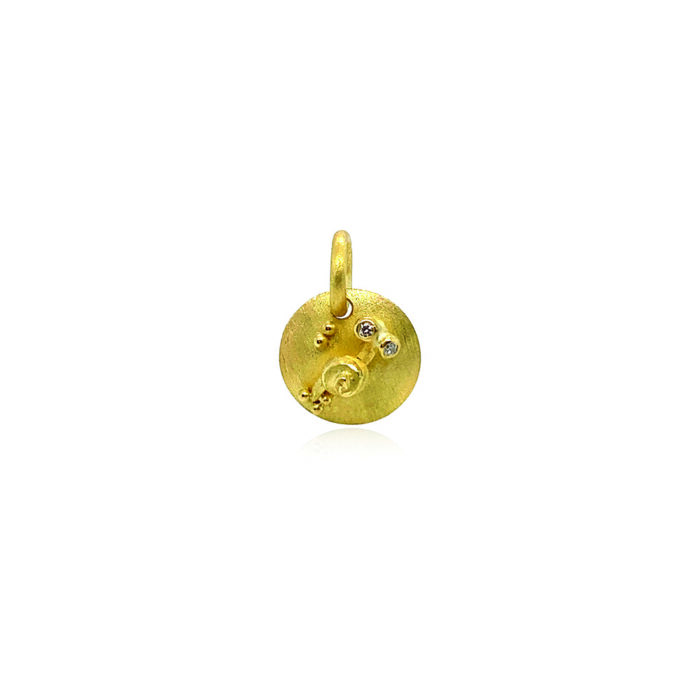 Hand-crafted 18k yellow gold snail pendant with diamond eyes, 0.02cttw. Pendant is 17mm long. **Chain sold separately**
