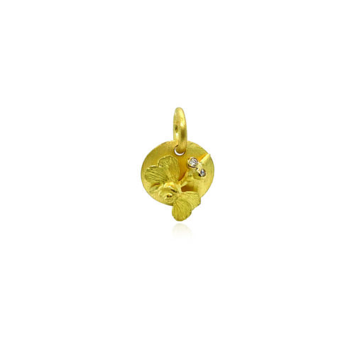 Hand-crafted 18k yellow gold garden bug pendant with diamond eyes, 0.02cttw. Pendant is 20mm long. **Chain sold separately**