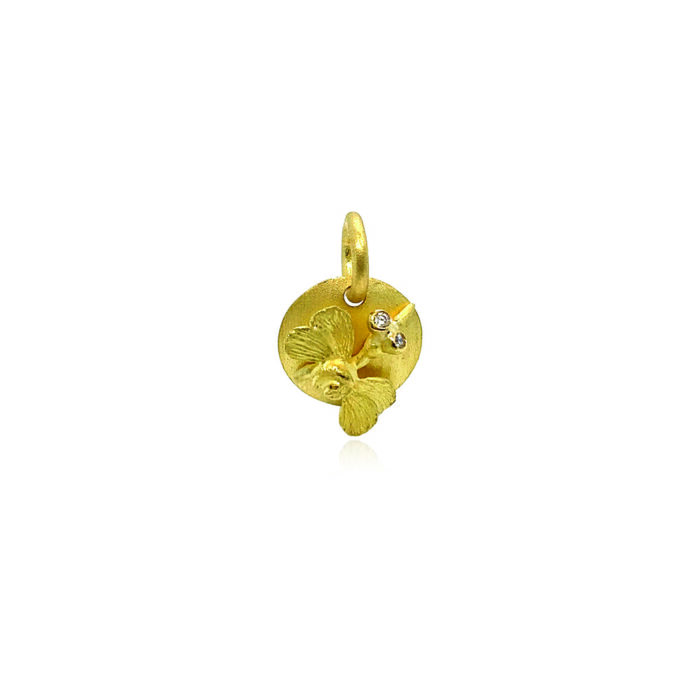 Hand-crafted 18k yellow gold garden bug pendant with diamond eyes, 0.02cttw. Pendant is 20mm long. **Chain sold separately**