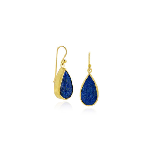 Natural surface lapis lazuli drop earrings, set in 22k yellow gold bezels with 18k yellow gold backings, on French wires. Earrings are 1 1/16" long x 5/8" wide (27 x 10 mm).