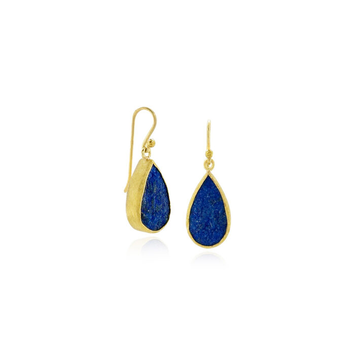 Natural surface lapis lazuli drop earrings, set in 22k yellow gold bezels with 18k yellow gold backings, on French wires. Earrings are 1 1/16" long x 5/8" wide (27 x 10 mm).
