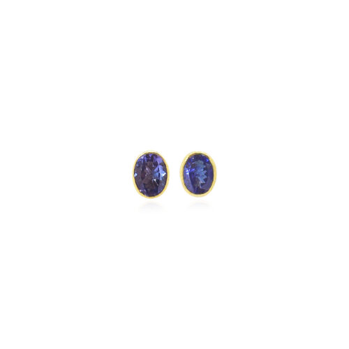 Faceted oval Tanzanite earrings, 2.29 cttw, set in 22k and 18k yellow gold, on posts. Earrings are 5/16" long x 1/4" wide (8 x 6 mm).