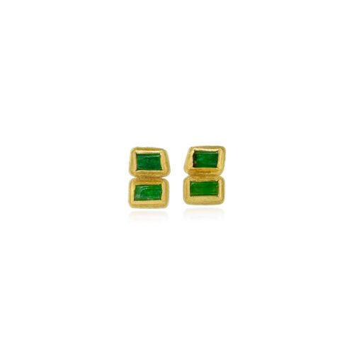 Double natural crystal emerald earrings, set in 22k yellow gold bezels, on 18k yellow gold posts. Earrings are 9/16" long x 3/8" wide (14 x 9 mm).